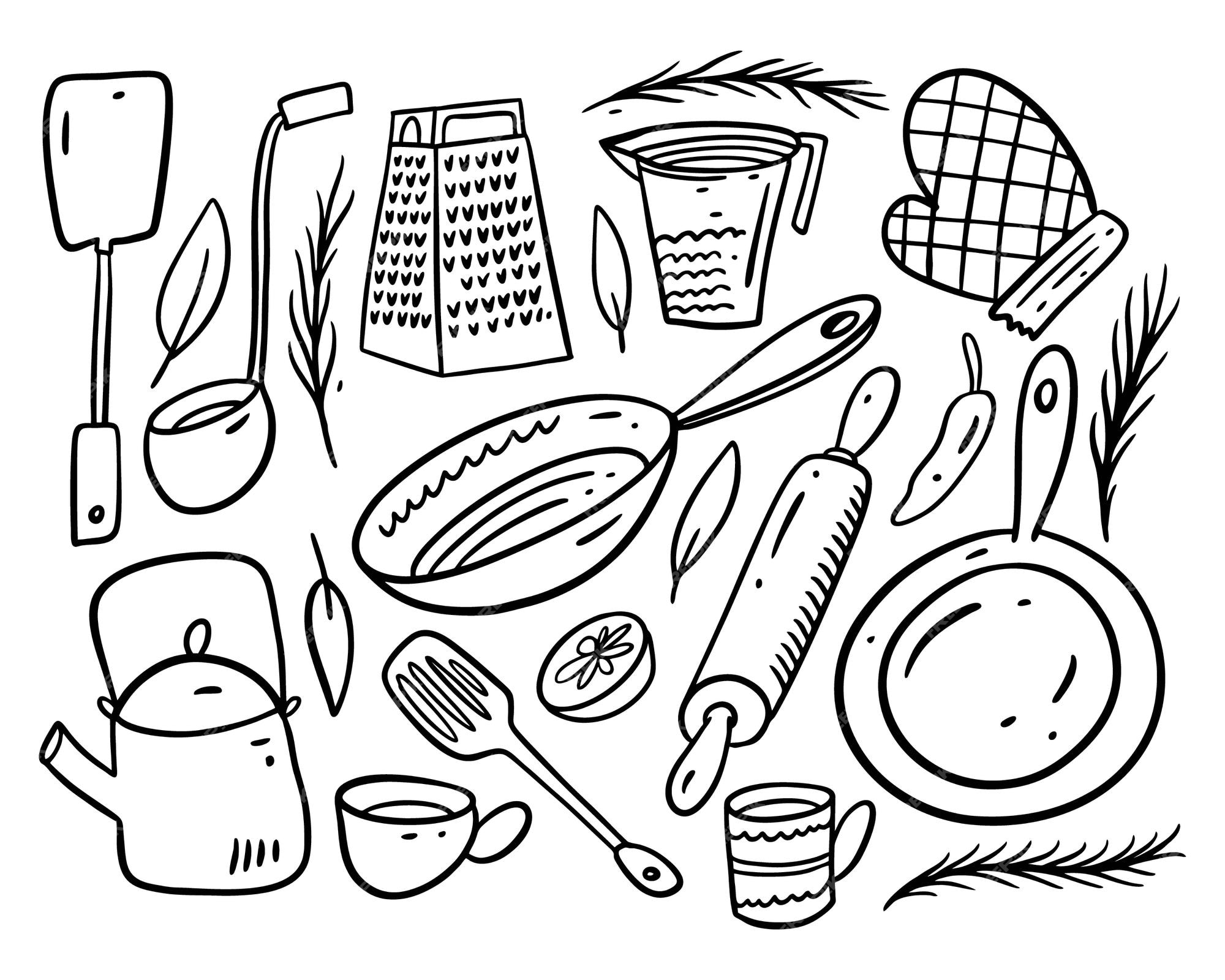 Kitchen Tools Ink Clipart Set Cooking Utensils Line Drawings, Hi Res Art  Black Doodle Illustrations, Transparent Pngs and EPS Vector 