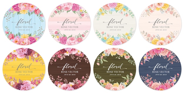 ベクトル コレクションセットラベル美しいバラの花と植物の葉のデジタル塗装イラスト愛の結婚式のバレンタインデーやアレンジメントの招待状のデザインのグリーティングカード。