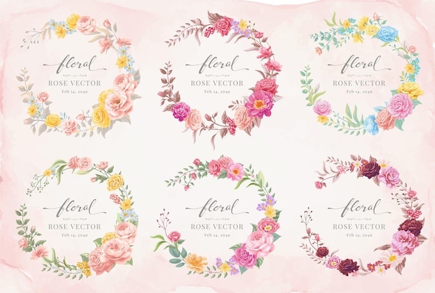 컬렉션 세트 레이블 아름다운 장미 꽃과 식물 잎 디지털 그림은 사랑의 결혼 발렌타인 데이 또는 배열 초대 디자인 인사말 카드를 위한 그림입니다.