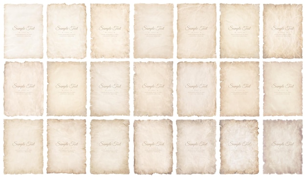 Collection set old parchment paper sheet vintage aged or texture isolated on white background