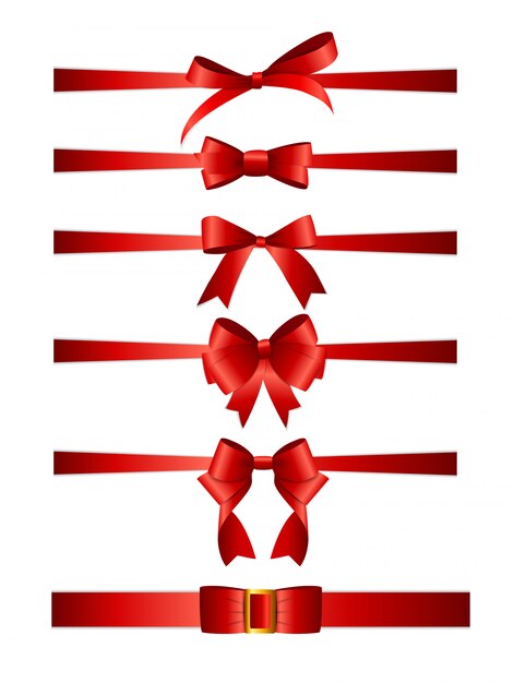 Collection Set of red bows with horizontal  ribbon isolated on white background. 