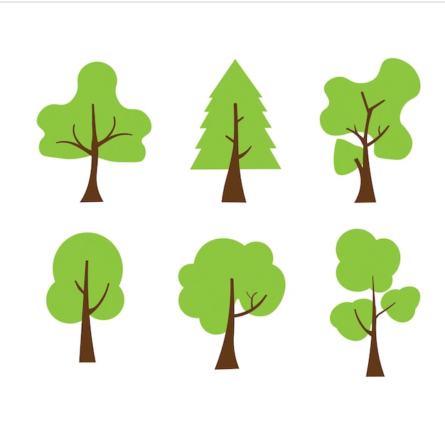 Vector collection set of six flat trees in green free vector