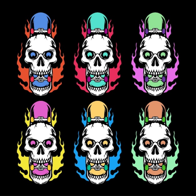 Vector collection set skull color with skateboard