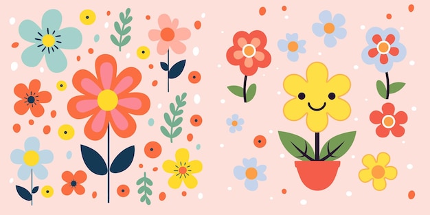 컬렉션은 미니멀하고 매끄러운 패턴 스타일로 봄 꽃 만화 행복을 설정합니다.