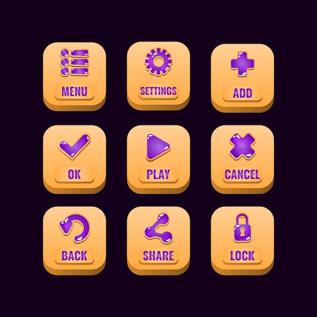 ゲームUIアセット要素のゼリーアイコンと正方形の木製ボタンのコレクションセット