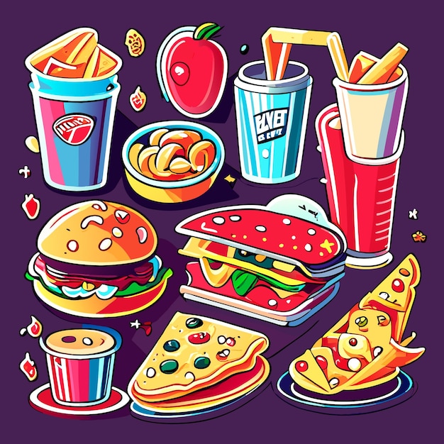 Vector collection of set unhealthy junk food or fast food drawing in cartoon style vector illustration