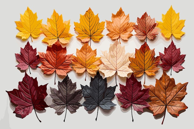 Collezione di varie foglie d'autunno isolate su sfondo bianco fogliame colorato d'autunno