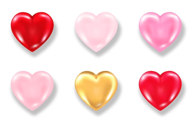 Collection of shiny 3d heart with shadow isolated on white background. Valentines day glossy balloon red, pink and golden hearts. Realistic  illustration of love symbol