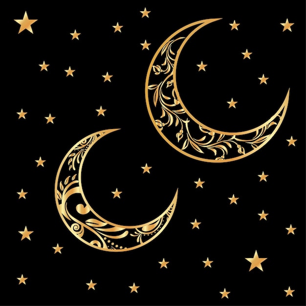 Vector collection of shiny gold crescent moon and stars vector