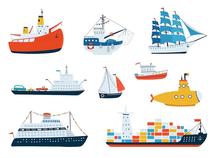 Vector collection ships in a flat style. water transport, sailboat, submarine, icebreaker, fishing boat