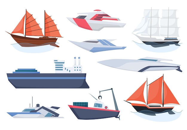 Collection of ships sea sailboats of water carriage and maritime transport in modern flat style fishing ship and water speedboats isolated transport icons