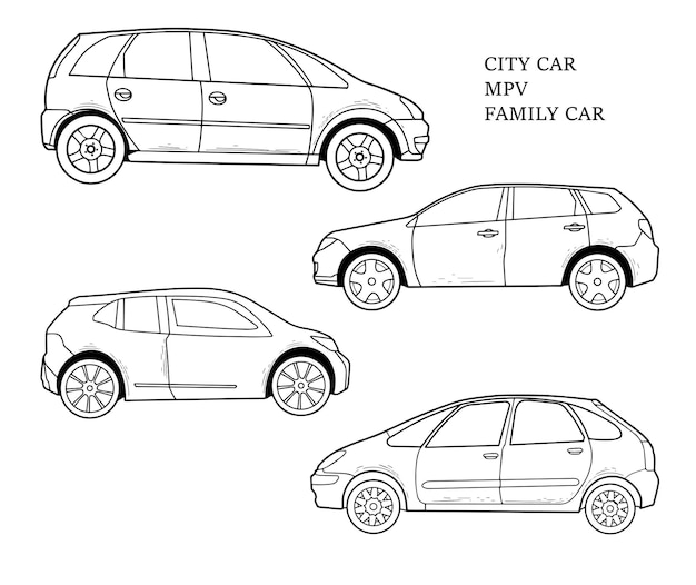 Vettore raccolta il lato del mpv city car sketch isolato su uno sfondo bianco