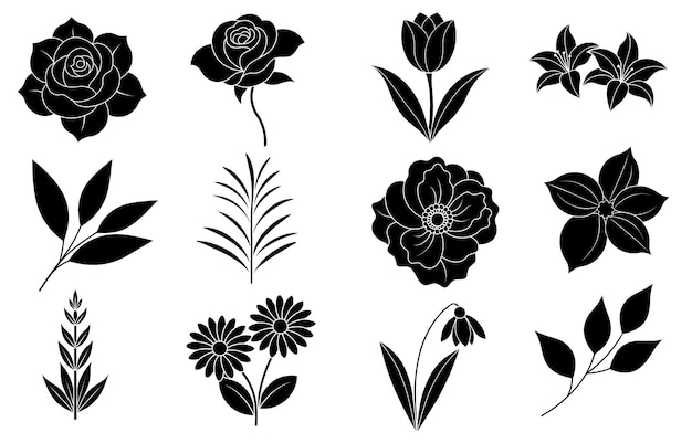 Vector collection of silhouette flower and leaf elements
