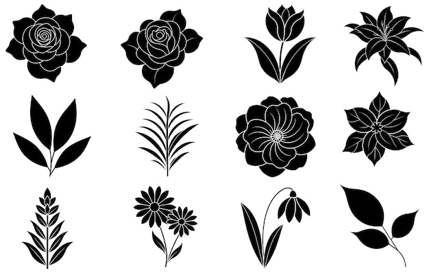 Collection of silhouette flower and leaf elements