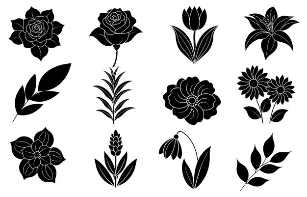 Vector collection of silhouette flower and leaf elements