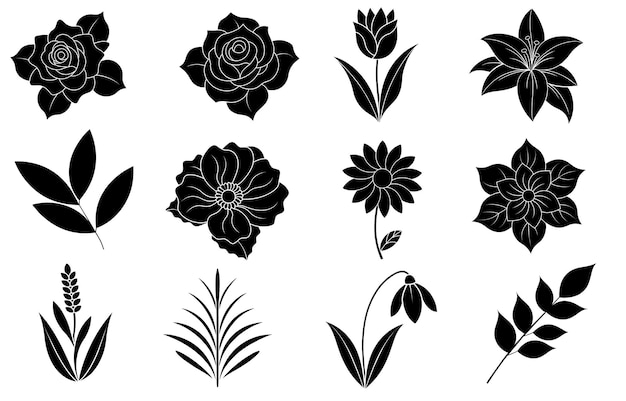 Collection of silhouette flower and leaf elements