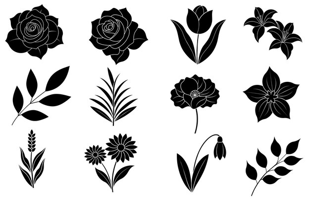 Collection of silhouette flower and leaf elements