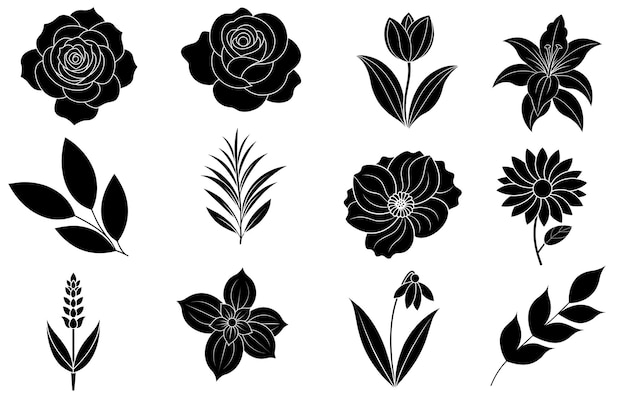 Vector collection of silhouette flower and leaf elements