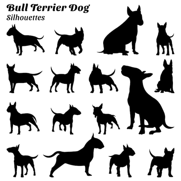 Vettore collezione di illustrazioni di silhouette di cani bull terrier