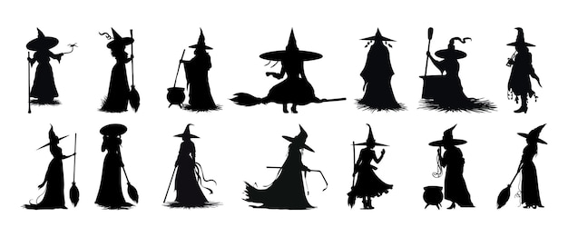 Vector a collection of silhouette of witches halloween elements