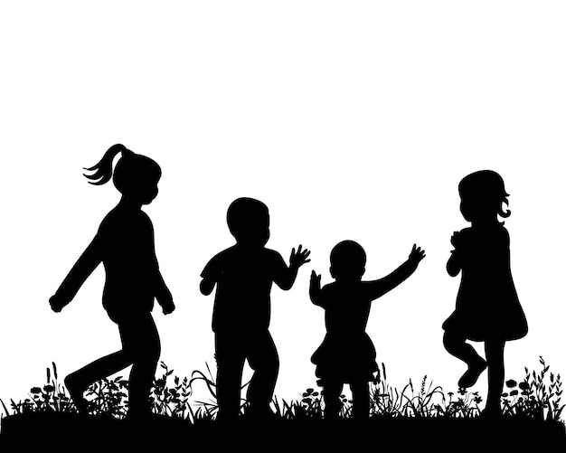 Vector collection of silhouettes of children playing in nature, vector illustration