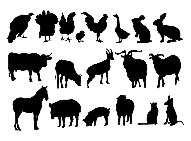 Vector collection silhouettes domestic farm animals and poultry birds isolated hand drawings animals