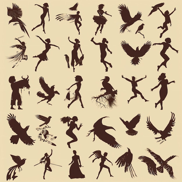 Vector a collection of silhouettes of people with wings