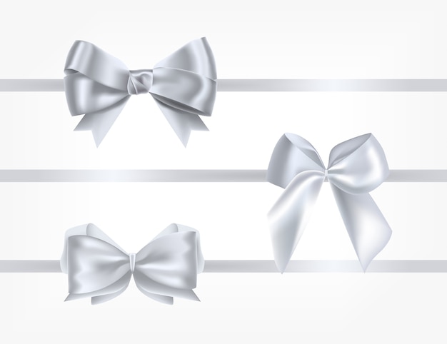 Vector collection of silk silver ribbons decorated with bows.