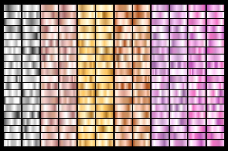 Vector collection of silver, chrome, gold, rose gold. bronze metallic and ultraviolet gradient. 