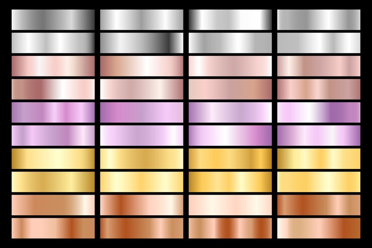 Vector collection of silver, chrome, gold, rose gold. bronze metallic and ultraviolet gradient. 