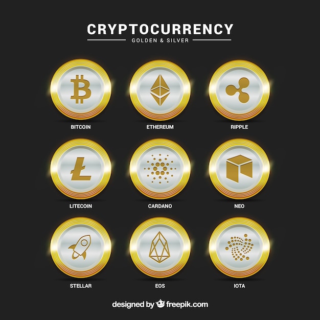 Collection of silver cryptocurrency coins