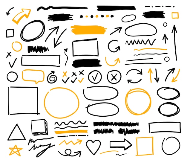 Collection of simple doodle lines, curves, frames and spots. vector flat illustrations. arrow, square, oval, circle, cross, pointer, check mark, heart, star for concept design.