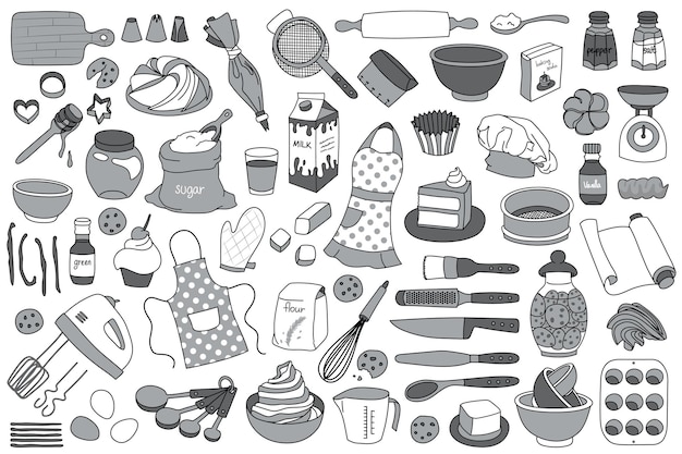 Vector collection of simple hand drawn vector illustrated doodles of baking tools, ingredients and elements