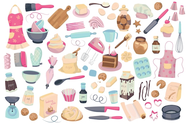 Collection of simple hand drawn vector illustrated doodles of baking tools, ingredients and elements