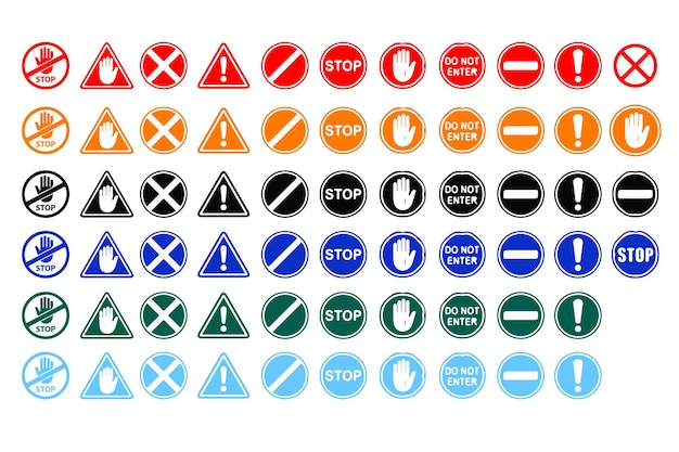 Vector collection of simple red road stop signs with symbols vector illustration