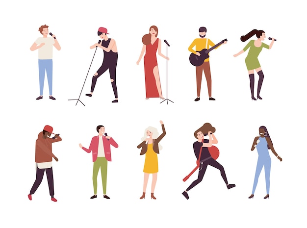 Collection of singers with microphones and musicians isolated on white background. Set of young men and women singing songs and playing guitar. Male and female cartoon characters. Vector illustration.