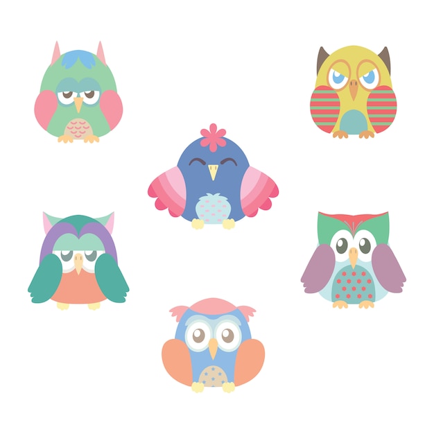 Collection of six colorful owls