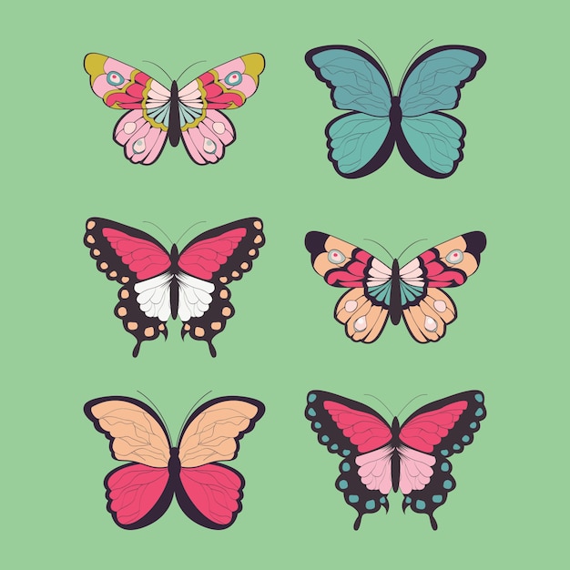 Vector collection of six hand drawn colorful butterflies