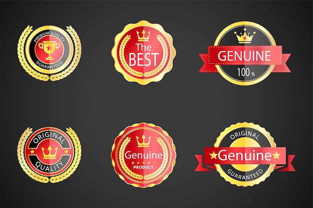 Vector collection of six vintage red and gold metallic badges and labels