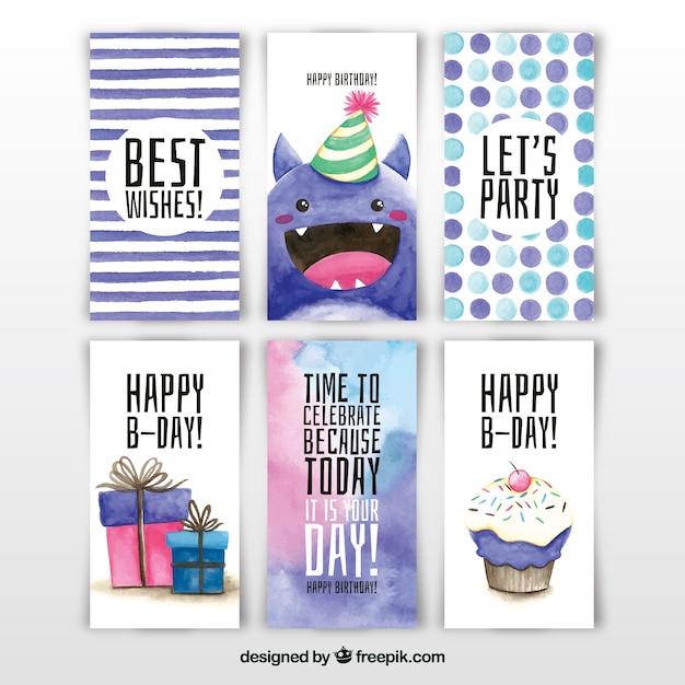 Collection of six watercolour birthday cards