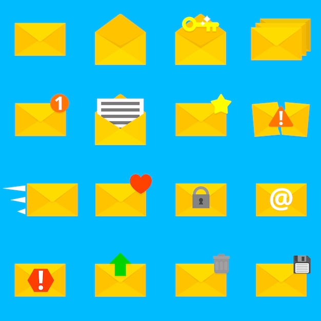 Collection of sixteen detailed envelope icons.