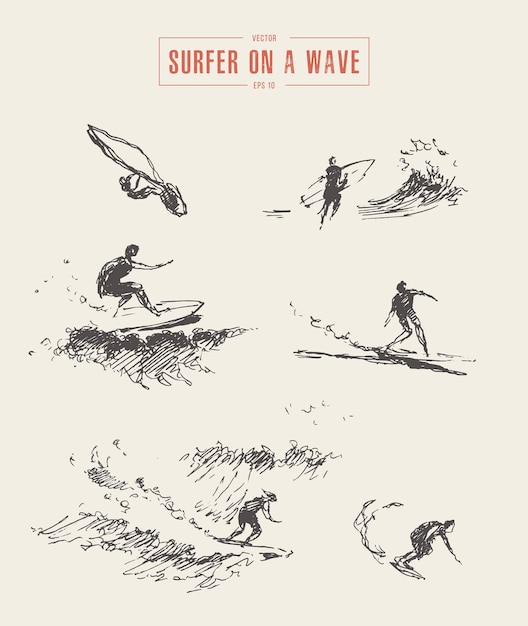 Collection of sketches of the surfers, hand drawn vector illustration