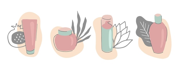 Collezione di prodotti per la cura della pelle con elementi floreali set di diversi tubi e flaconi con lozioni detergenti idratanti sieri illustrazione vettoriale piatta