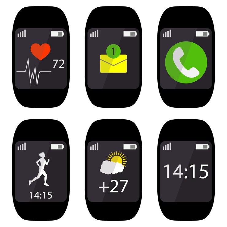 Vector collection smart watch with icons on the display heart rate pulse running