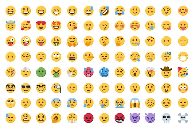 Vector collection of smiling emoji faces or cute smiley emoticons set