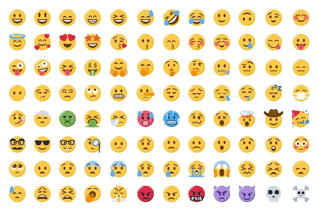 Collection of smiling emoji faces or cute smiley emoticons set