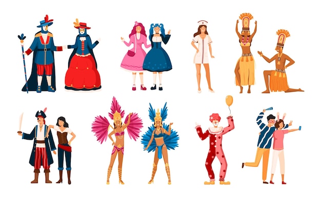 Vector collection of smiling men and women dressed in various festive costumes for holiday masquerade, venetian or brazilian carnival, home theme party. colorful vector illustration in flat cartoon style.