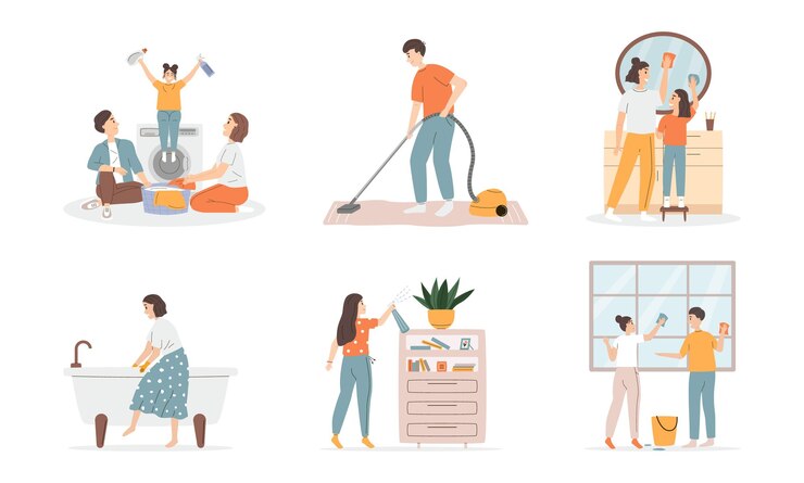 Vector 家事をしている笑顔の人々のコレクション