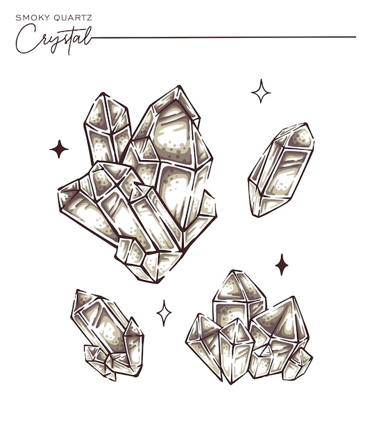 Vettore raccolta di cristallo di quarzo fumé illustrazione marrone gemma disegnata a mano vettore schizzo dettagliato dra