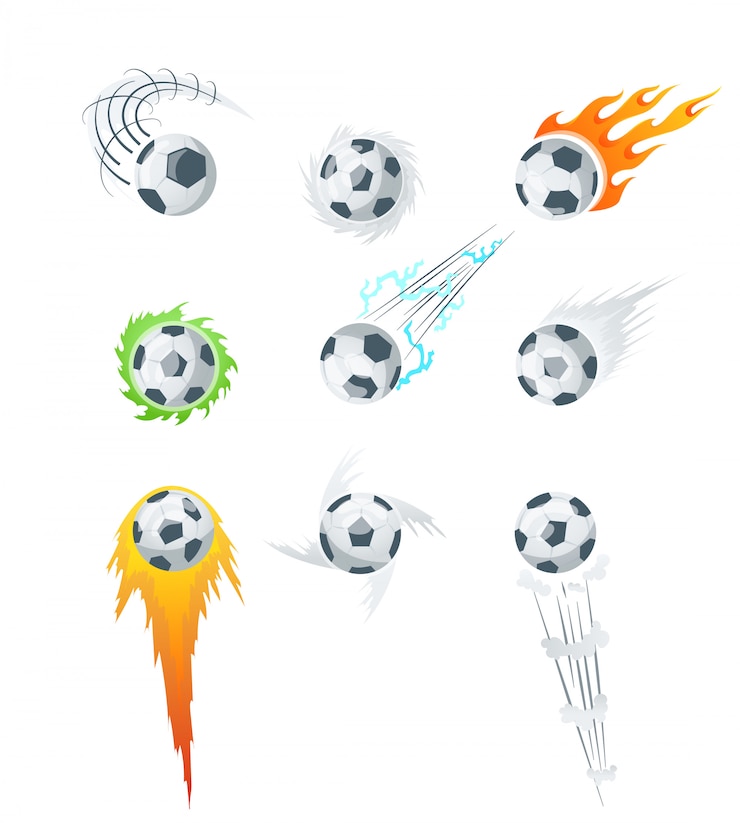 Vector collection of soccer balls with curved color motion trails illustrations